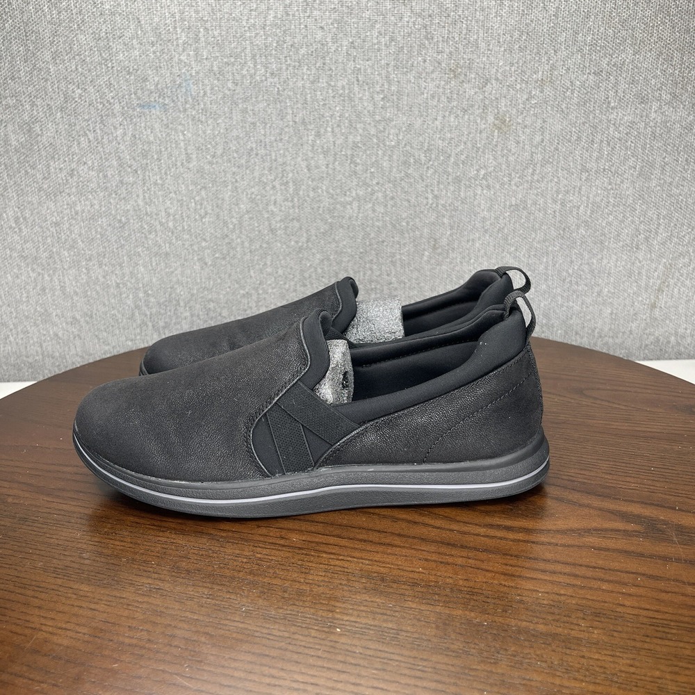 Clarks‎ Cloudsteppers Shoes Womens Size 7.5 Black Leather Comfort Wedge Sneaker